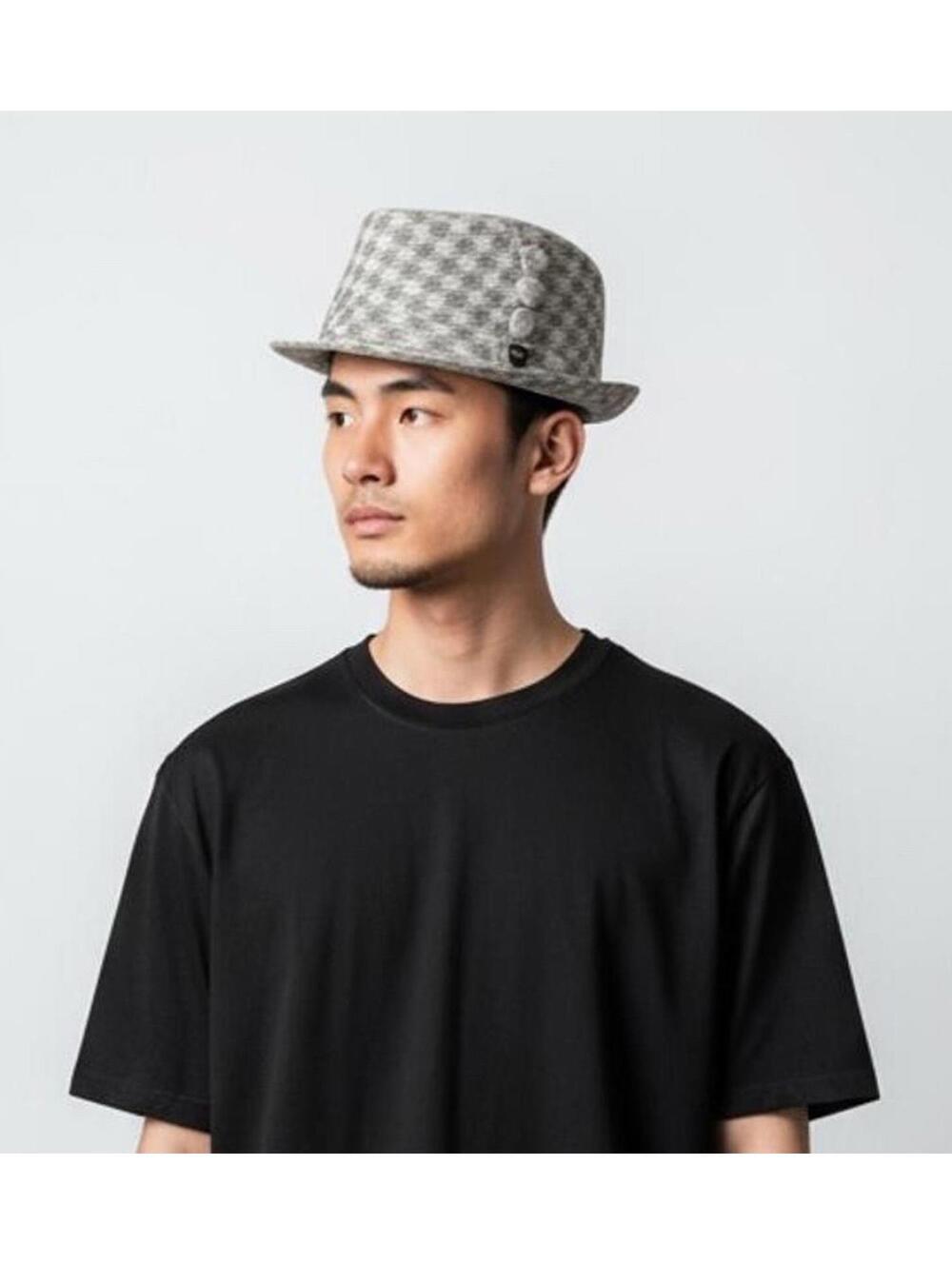 Peter Grimm Houndstooth Pattern Fedora Hat with Button Detail Silver Size S/M